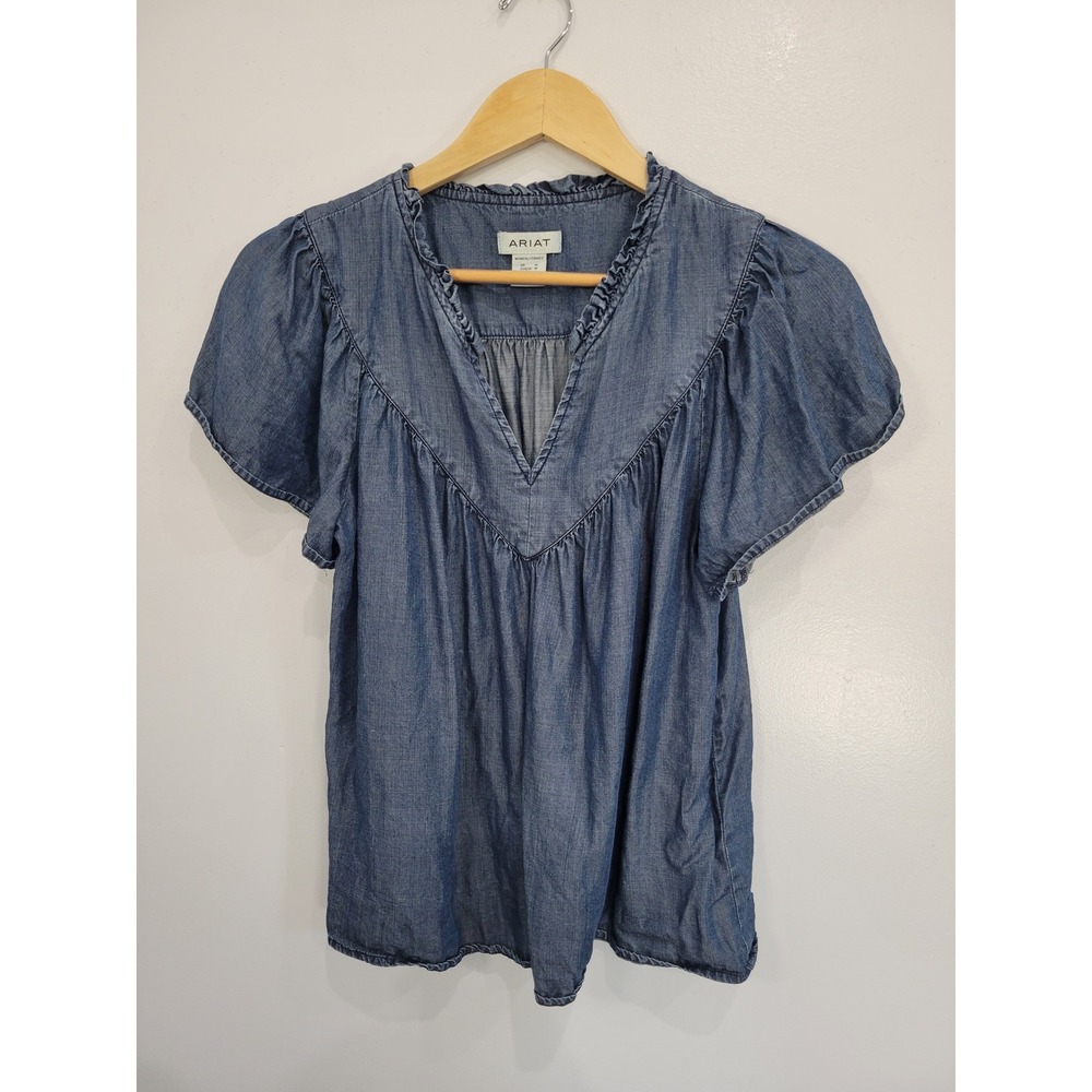 Ariat Blue Denim Short Sleeve Peasant Blouse - Picture 2 of 7